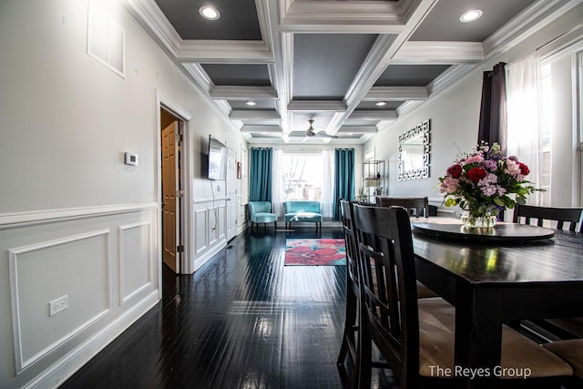 dining area with beam ceiling, ornamental molding, coffered ceiling, dark wood finished floors, and recessed lighting