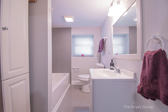 full bath with tile patterned flooring, a washtub, toilet, and vanity