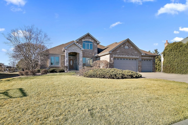 french provincial home featuring a garage, stone siding, brick siding, and a front yard