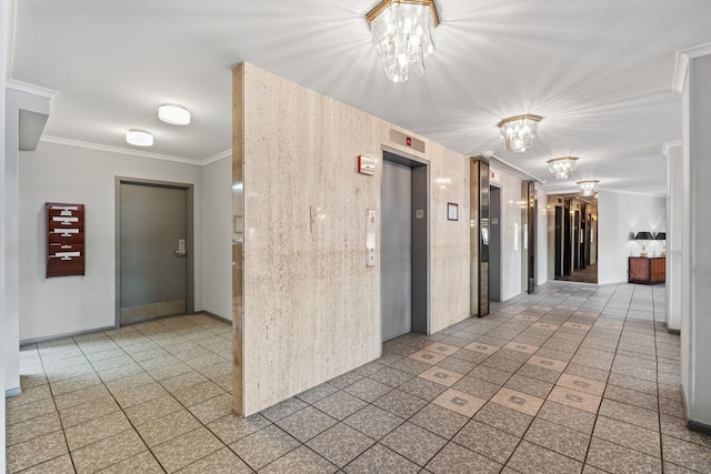 corridor featuring baseboards, ornamental molding, an inviting chandelier, and elevator