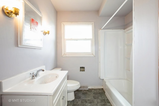 bathroom with toilet, vanity, shower / tub combination, and visible vents