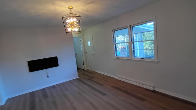 unfurnished living room with an inviting chandelier, a baseboard radiator, baseboards, and wood finished floors