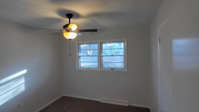 empty room featuring a ceiling fan, a baseboard radiator, and baseboards