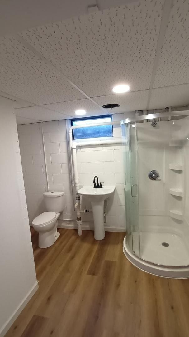 bathroom featuring toilet, a shower stall, wood finished floors, and concrete block wall