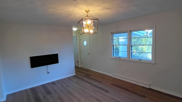 unfurnished living room featuring a baseboard radiator, wood finished floors, an inviting chandelier, and baseboards