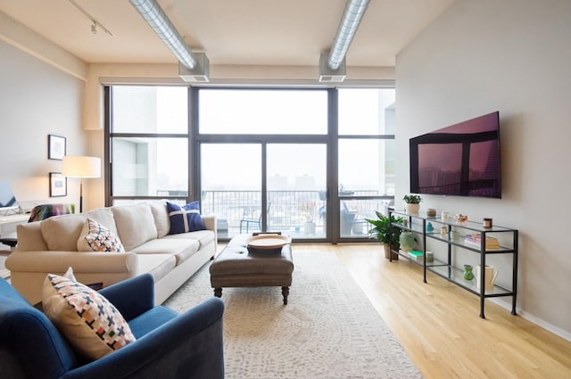 living room with rail lighting, baseboards, and wood finished floors