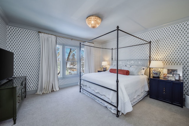 bedroom featuring crown molding, carpet floors, and wallpapered walls