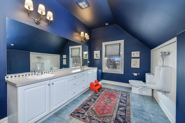 bathroom with toilet, vaulted ceiling, a shower, and a sink