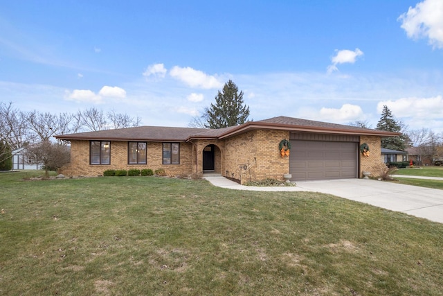 ranch-style house with a garage and a front lawn