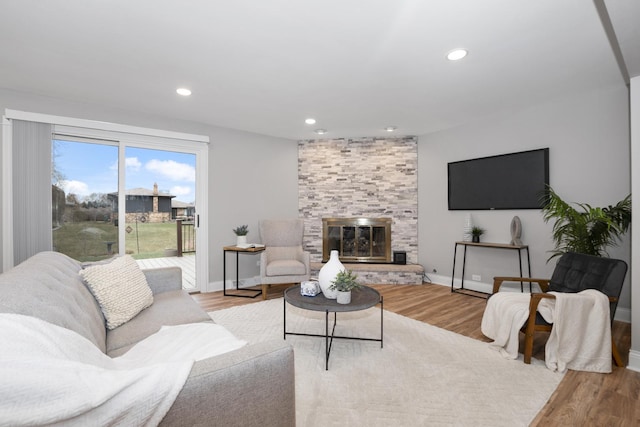 living room featuring a fireplace and light hardwood / wood-style flooring