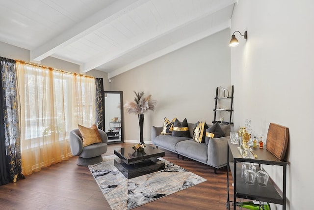 living room with dark hardwood / wood-style flooring and lofted ceiling with beams