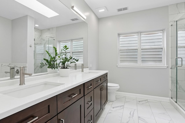 full bathroom featuring a sink, visible vents, a stall shower, and a skylight