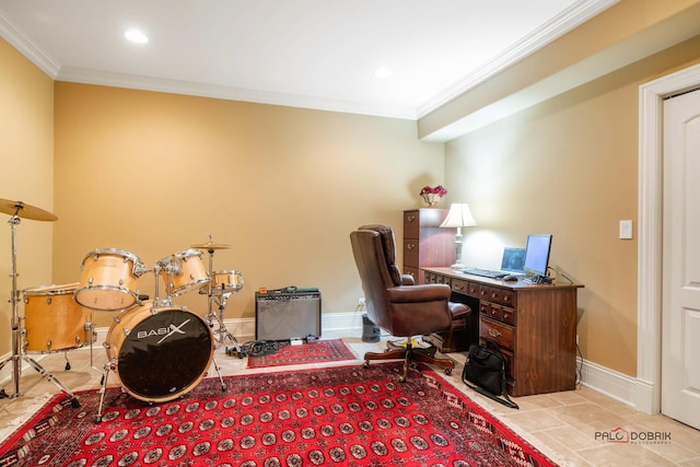 tiled office with ornamental molding