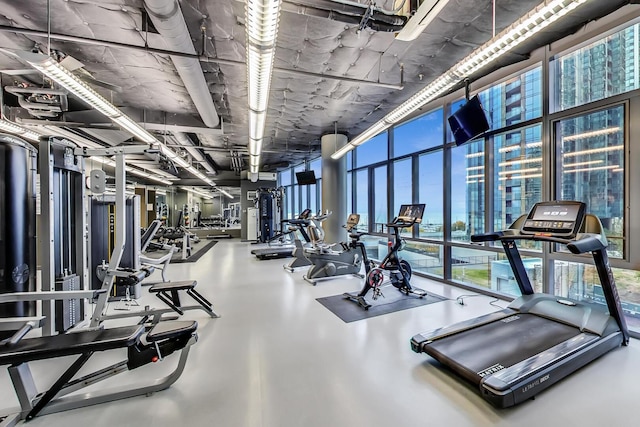 workout area featuring floor to ceiling windows