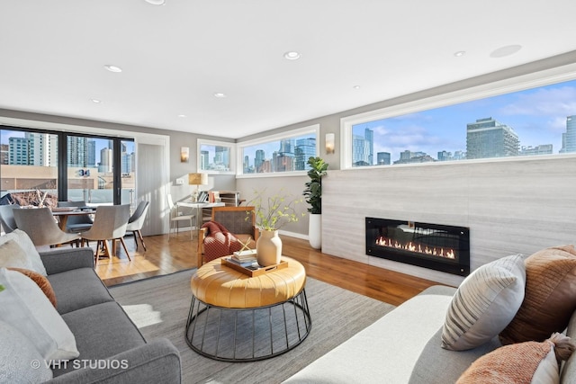 living room featuring a healthy amount of sunlight and hardwood / wood-style floors