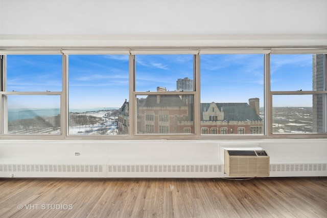 unfurnished sunroom featuring radiator, a healthy amount of sunlight, and a city view