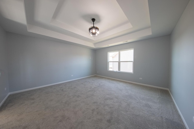 spare room featuring carpet flooring and a tray ceiling