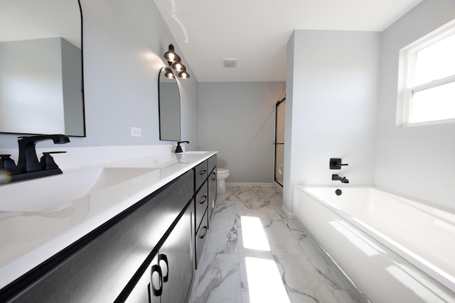 full bathroom with vanity, shower with separate bathtub, and toilet