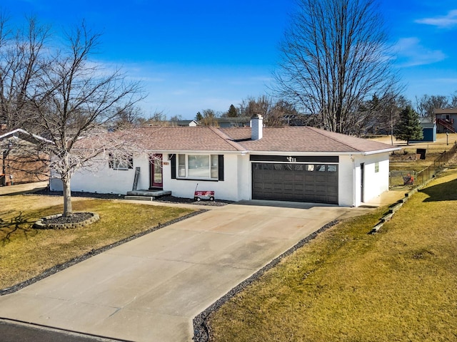 ranch-style home featuring stucco siding, an attached garage, concrete driveway, and a front yard