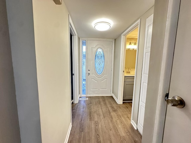 doorway with sink and light hardwood / wood-style flooring