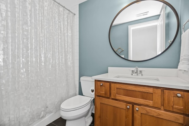 full bathroom featuring tile patterned flooring, visible vents, vanity, and toilet