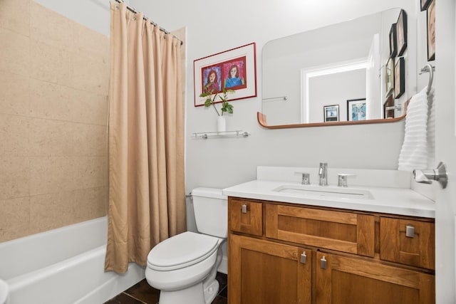 full bathroom featuring vanity, toilet, and shower / tub combo with curtain