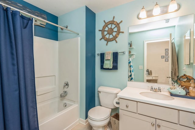 full bathroom with toilet, vanity, and shower / bathtub combination with curtain