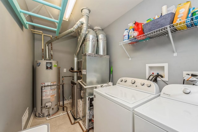 clothes washing area with washer and clothes dryer and water heater