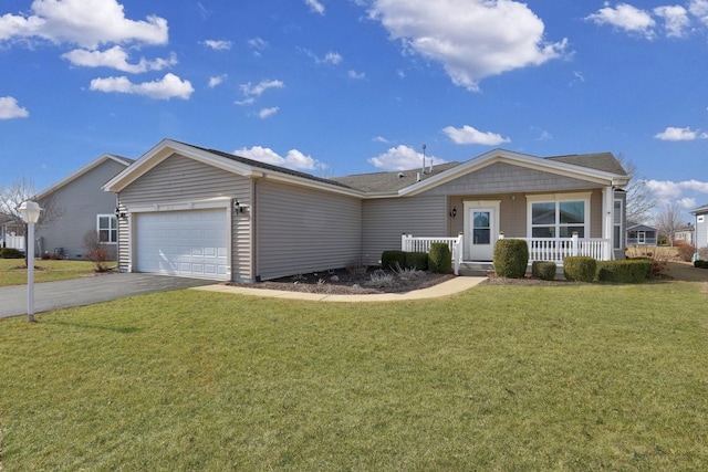 ranch-style home featuring driveway, a front yard, a porch, and an attached garage