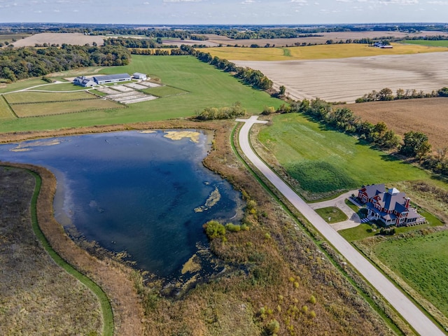 birds eye view of property featuring a water view and a rural view