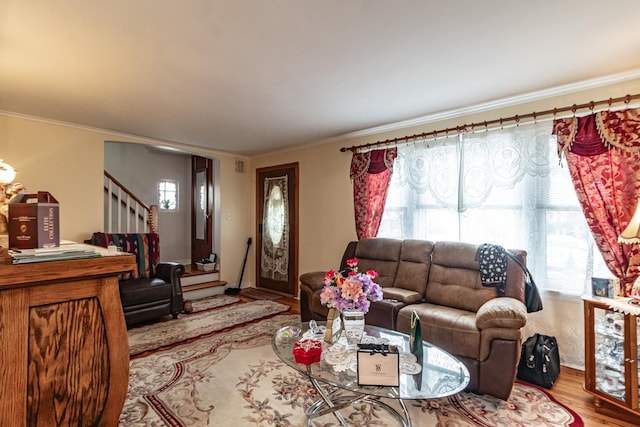 living room featuring ornamental molding, stairway, and light wood-style floors