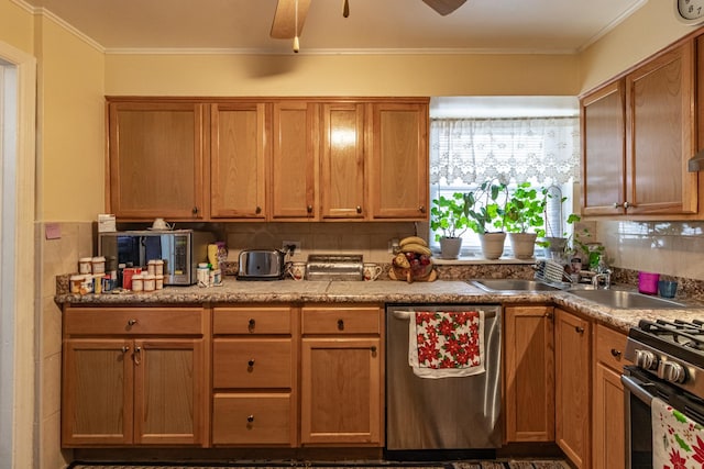 kitchen featuring ceiling fan, stainless steel appliances, ornamental molding, and brown cabinets