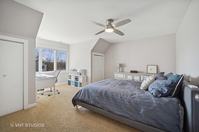 carpeted bedroom featuring a ceiling fan and baseboards