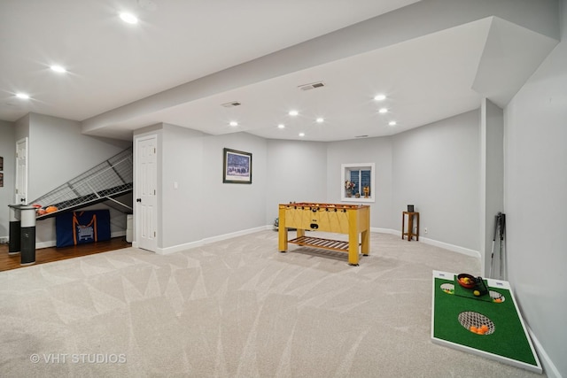 playroom featuring carpet flooring, recessed lighting, visible vents, and baseboards