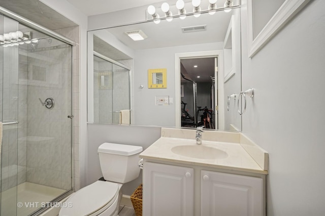 full bath with visible vents, vanity, toilet, and a shower stall