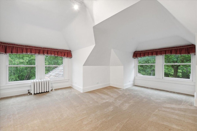 additional living space featuring lofted ceiling, light colored carpet, and radiator heating unit