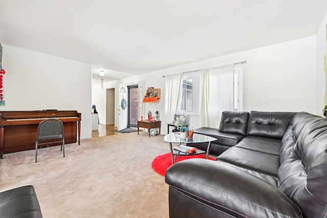 living room featuring light carpet