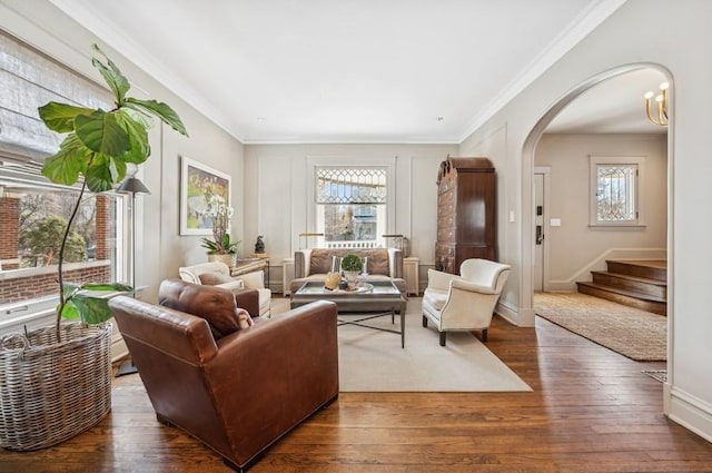 interior space featuring dark wood-type flooring, a healthy amount of sunlight, and crown molding