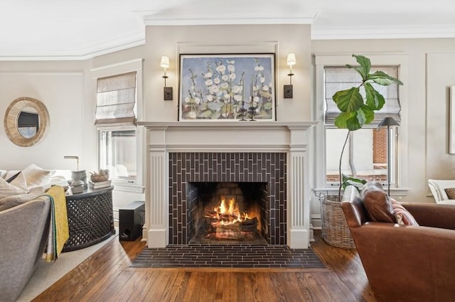 living area with crown molding, plenty of natural light, a fireplace, and dark hardwood / wood-style flooring