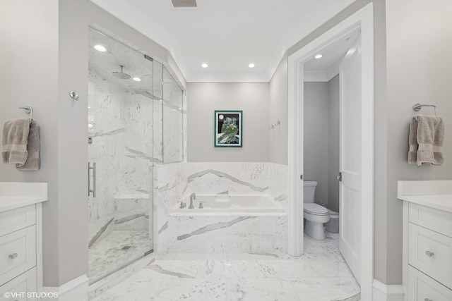 full bathroom featuring crown molding, vanity, shower with separate bathtub, and toilet