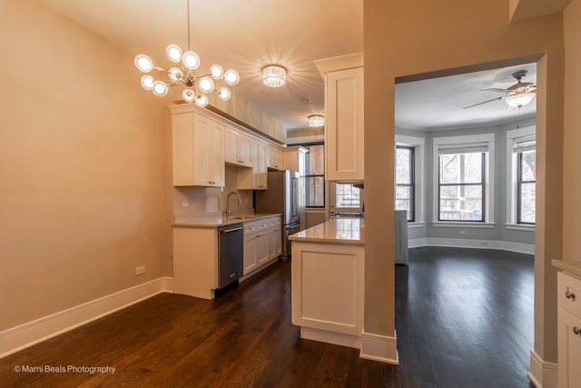 kitchen with white cabinetry, stainless steel appliances, dark hardwood / wood-style flooring, and pendant lighting