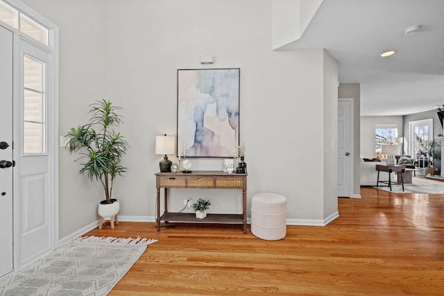 foyer entrance featuring baseboards and wood finished floors