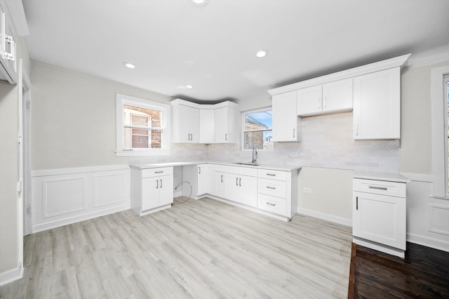 kitchen featuring light wood finished floors, a sink, decorative backsplash, wainscoting, and white cabinetry