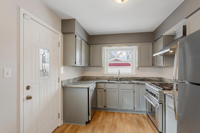 kitchen featuring wall chimney exhaust hood, sink, gray cabinetry, light wood-type flooring, and appliances with stainless steel finishes