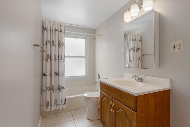 full bathroom featuring tile patterned floors, toilet, shower / tub combo, and vanity