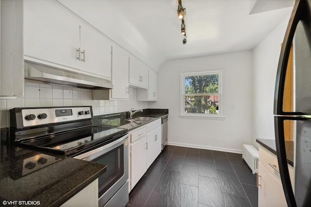 kitchen featuring tasteful backsplash, radiator, appliances with stainless steel finishes, a sink, and under cabinet range hood