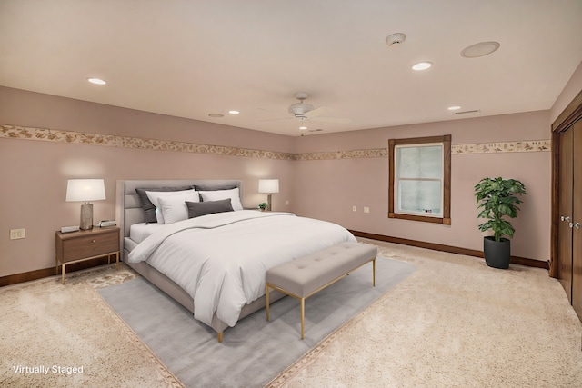 bedroom featuring ceiling fan, recessed lighting, and baseboards