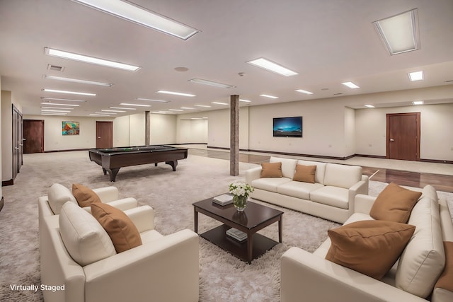recreation room with light carpet, billiards, visible vents, and baseboards