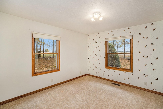 spare room with a textured ceiling, carpet flooring, visible vents, and baseboards