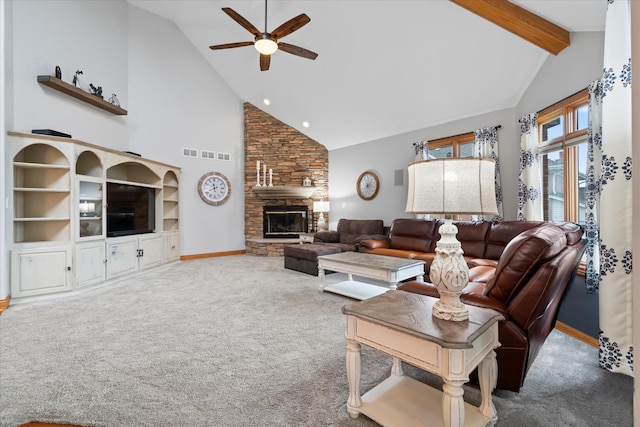 living room featuring a stone fireplace, high vaulted ceiling, carpet floors, ceiling fan, and beam ceiling